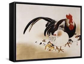 Cockerel, Hen and Chicks, 1892 (Hanging Scroll, Colored Lacquer on Prepared Paper)-Shibata Zeshin-Framed Stretched Canvas