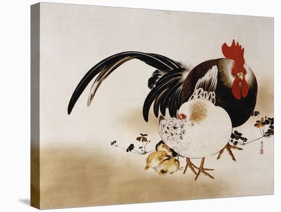 Cockerel, Hen and Chicks, 1892 (Hanging Scroll, Colored Lacquer on Prepared Paper)-Shibata Zeshin-Stretched Canvas