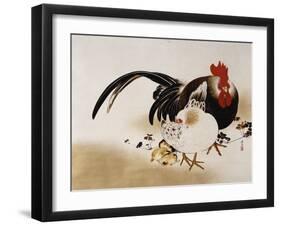 Cockerel, Hen and Chicks, 1892 (Hanging Scroll, Colored Lacquer on Prepared Paper)-Shibata Zeshin-Framed Giclee Print