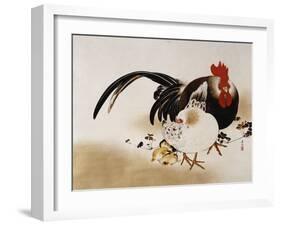 Cockerel, Hen and Chicks, 1892 (Hanging Scroll, Colored Lacquer on Prepared Paper)-Shibata Zeshin-Framed Giclee Print