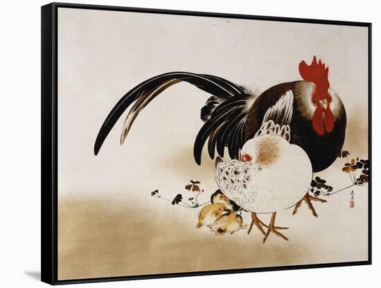 Cockerel, Hen and Chicks, 1892 (Hanging Scroll, Colored Lacquer on Prepared Paper)-Shibata Zeshin-Framed Stretched Canvas