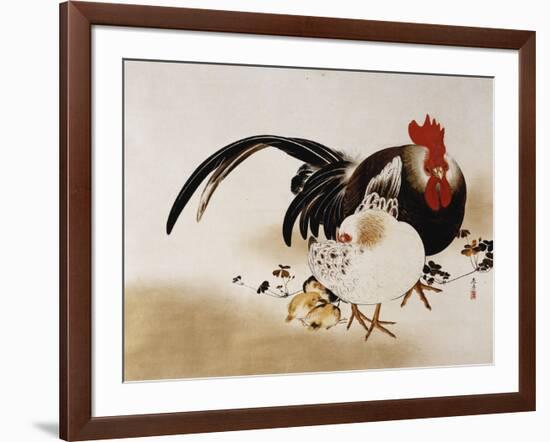 Cockerel, Hen and Chicks, 1892 (Hanging Scroll, Colored Lacquer on Prepared Paper)-Shibata Zeshin-Framed Giclee Print