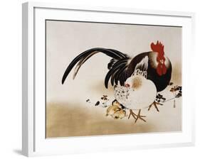 Cockerel, Hen and Chicks, 1892 (Hanging Scroll, Colored Lacquer on Prepared Paper)-Shibata Zeshin-Framed Giclee Print