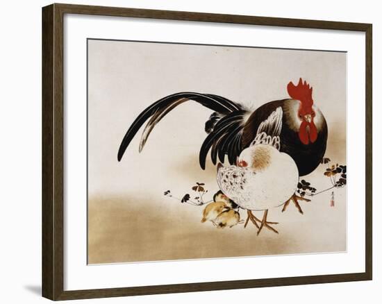 Cockerel, Hen and Chicks, 1892 (Hanging Scroll, Colored Lacquer on Prepared Paper)-Shibata Zeshin-Framed Giclee Print