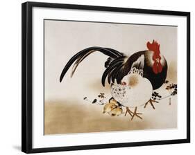 Cockerel, Hen and Chicks, 1892 (Hanging Scroll, Colored Lacquer on Prepared Paper)-Shibata Zeshin-Framed Giclee Print