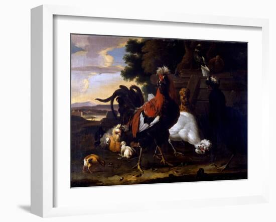 Cockerel, Hens and Chicks by a Fence in a Wooded Landscape-Melchior de Hondecoeter-Framed Giclee Print