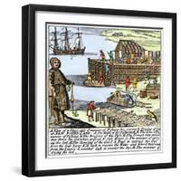 Cod Fishermen Drying and Salting Fish on the Newfoundland Coast, c.1700-null-Framed Giclee Print