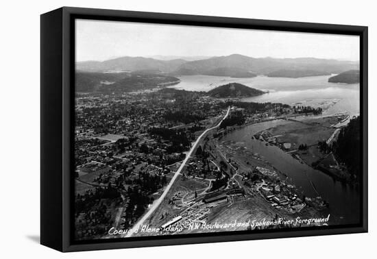 Coeur d'Alene, Idaho - Aerial View of Town, Spokane River-Lantern Press-Framed Stretched Canvas