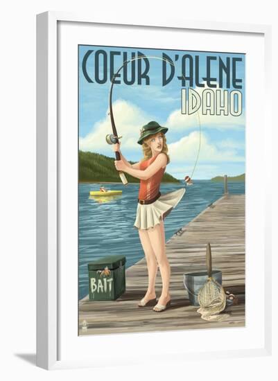 Coeur D'Alene, Idaho - Fishing Pinup Girl-Lantern Press-Framed Art Print