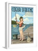 Coeur D'Alene, Idaho - Fishing Pinup Girl-Lantern Press-Framed Art Print