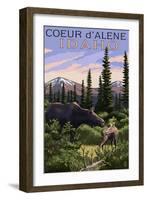 Coeur D'Alene, Idaho - Moose and Baby Calf-Lantern Press-Framed Art Print