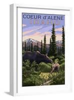 Coeur D'Alene, Idaho - Moose and Baby Calf-Lantern Press-Framed Art Print