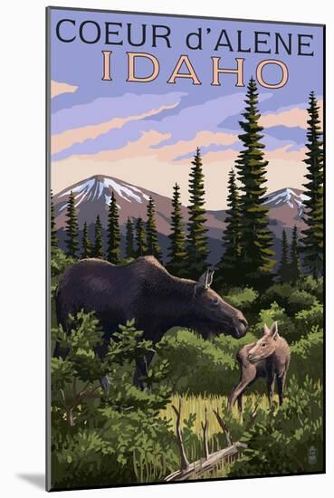 Coeur D'Alene, Idaho - Moose and Baby Calf-Lantern Press-Mounted Art Print