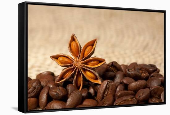 Coffee And Star Anise On Sackcloth Background With Copyspace-wasja-Framed Stretched Canvas