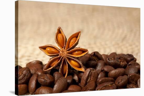 Coffee And Star Anise On Sackcloth Background With Copyspace-wasja-Stretched Canvas