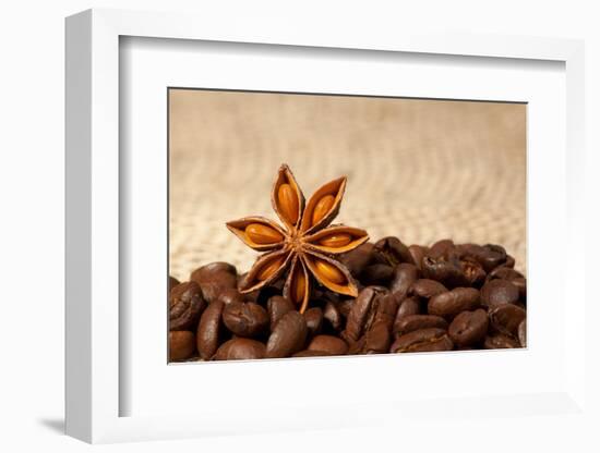 Coffee And Star Anise On Sackcloth Background With Copyspace-wasja-Framed Photographic Print