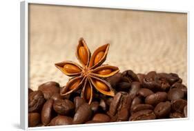 Coffee And Star Anise On Sackcloth Background With Copyspace-wasja-Framed Photographic Print