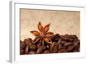 Coffee And Star Anise On Sackcloth Background With Copyspace-wasja-Framed Photographic Print