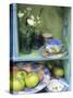 Coffee Cup, Flowers and Bowl of Apples on Shelves-Linda Burgess-Stretched Canvas