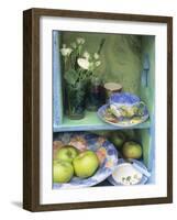 Coffee Cup, Flowers and Bowl of Apples on Shelves-Linda Burgess-Framed Photographic Print