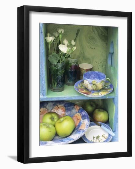 Coffee Cup, Flowers and Bowl of Apples on Shelves-Linda Burgess-Framed Photographic Print