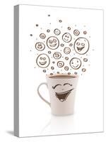 Coffee-Cup With Brown Hand Drawn Happy Smiley Faces, Isolated On White-ra2studio-Stretched Canvas