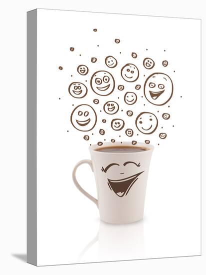 Coffee-Cup With Brown Hand Drawn Happy Smiley Faces, Isolated On White-ra2studio-Stretched Canvas