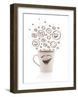 Coffee-Cup With Brown Hand Drawn Happy Smiley Faces, Isolated On White-ra2studio-Framed Art Print