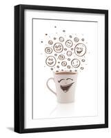 Coffee-Cup With Brown Hand Drawn Happy Smiley Faces, Isolated On White-ra2studio-Framed Art Print