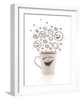 Coffee-Cup With Brown Hand Drawn Happy Smiley Faces, Isolated On White-ra2studio-Framed Art Print