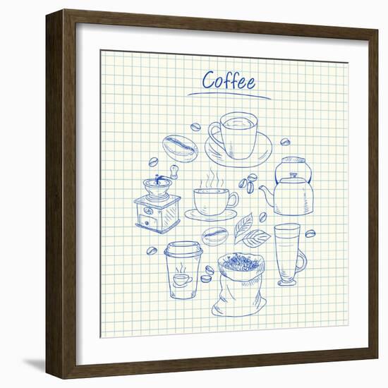 Coffee Doodles - Squared Paper-kytalpa-Framed Art Print