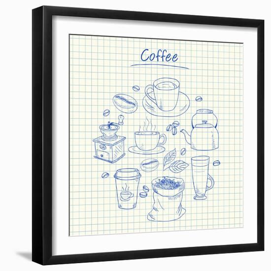 Coffee Doodles - Squared Paper-kytalpa-Framed Art Print