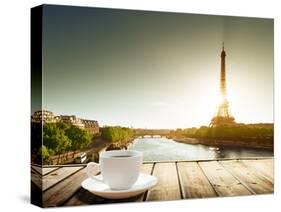 Coffee on Table and Eiffel Tower in Paris-Iakov Kalinin-Stretched Canvas