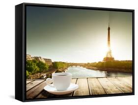 Coffee on Table and Eiffel Tower in Paris-Iakov Kalinin-Framed Stretched Canvas