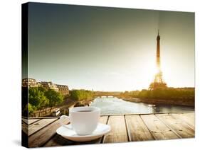 Coffee on Table and Eiffel Tower in Paris-Iakov Kalinin-Stretched Canvas