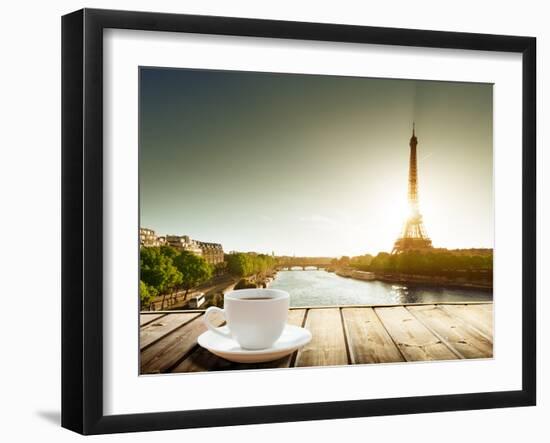 Coffee on Table and Eiffel Tower in Paris-Iakov Kalinin-Framed Photographic Print