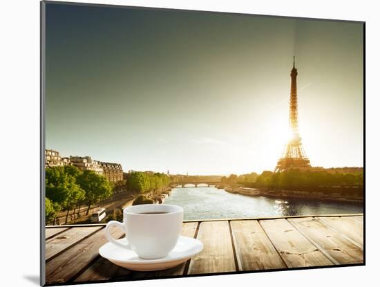 Coffee on Table and Eiffel Tower in Paris-Iakov Kalinin-Mounted Photographic Print