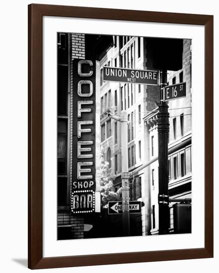 Coffee Shop Bar Sign, Union Square, Manhattan, New York, US, Old Black and White Photography-Philippe Hugonnard-Framed Photographic Print