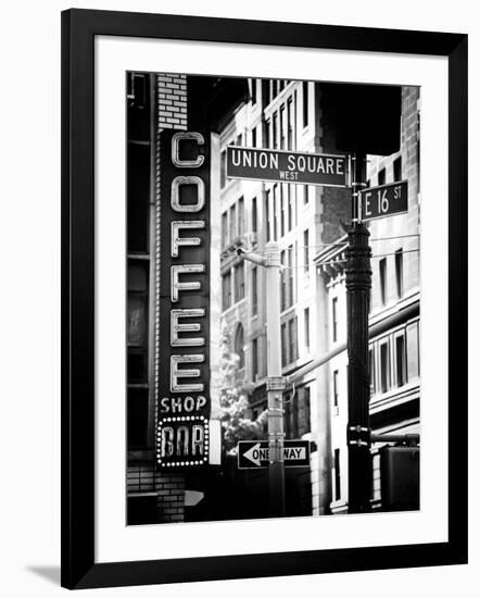 Coffee Shop Bar Sign, Union Square, Manhattan, New York, US, Old Black and White Photography-Philippe Hugonnard-Framed Photographic Print