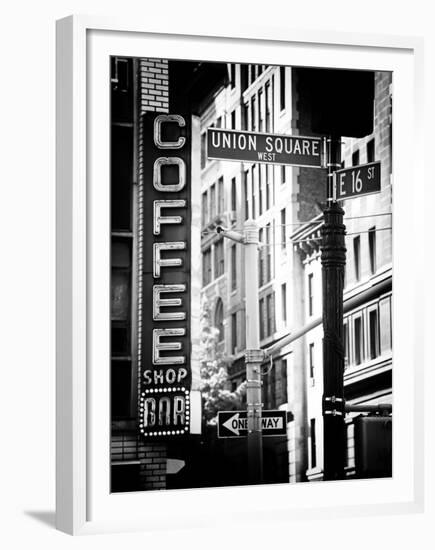 Coffee Shop Bar Sign, Union Square, Manhattan, New York, US, Old Black and White Photography-Philippe Hugonnard-Framed Premium Photographic Print