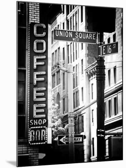 Coffee Shop Bar Sign, Union Square, Manhattan, New York, US, Old Black and White Photography-Philippe Hugonnard-Mounted Premium Photographic Print