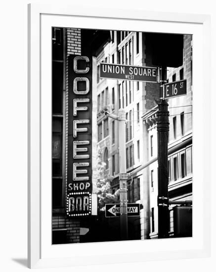 Coffee Shop Bar Sign, Union Square, Manhattan, New York, US, Old Black and White Photography-Philippe Hugonnard-Framed Photographic Print