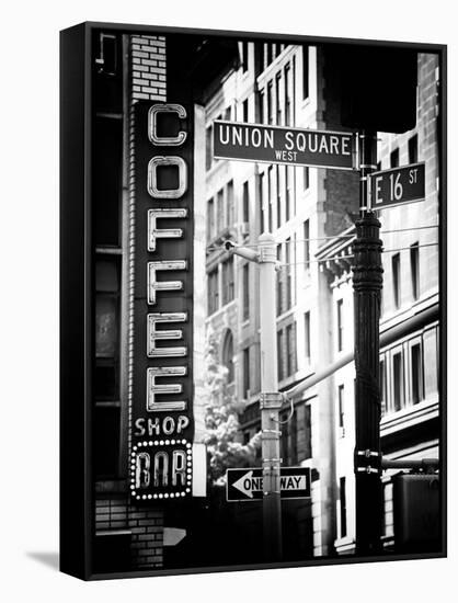 Coffee Shop Bar Sign, Union Square, Manhattan, New York, US, Old Black and White Photography-Philippe Hugonnard-Framed Stretched Canvas