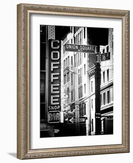 Coffee Shop Bar Sign, Union Square, Manhattan, New York, US, Old Black and White Photography-Philippe Hugonnard-Framed Photographic Print