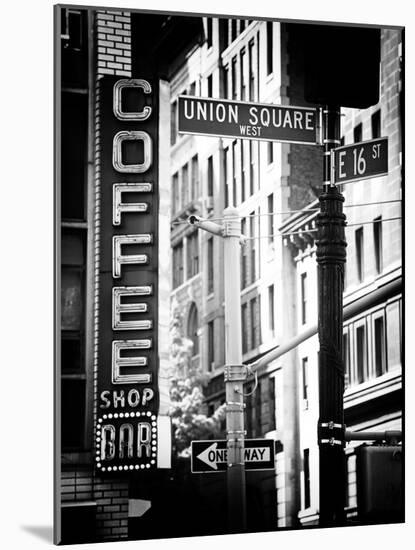 Coffee Shop Bar Sign, Union Square, Manhattan, New York, US, Old Black and White Photography-Philippe Hugonnard-Mounted Photographic Print