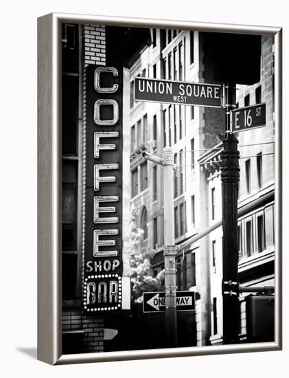 Coffee Shop Bar Sign, Union Square, Manhattan, New York, US, Old Black and White Photography-Philippe Hugonnard-Framed Photographic Print