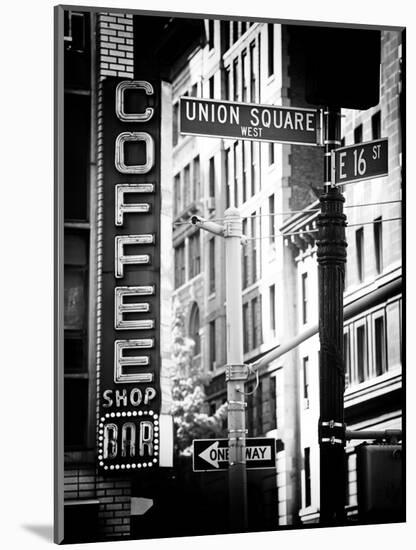 Coffee Shop Bar Sign, Union Square, Manhattan, New York, US, Old Black and White Photography-Philippe Hugonnard-Mounted Photographic Print