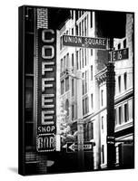 Coffee Shop Bar Sign, Union Square, Manhattan, New York, US, Old Black and White Photography-Philippe Hugonnard-Framed Stretched Canvas