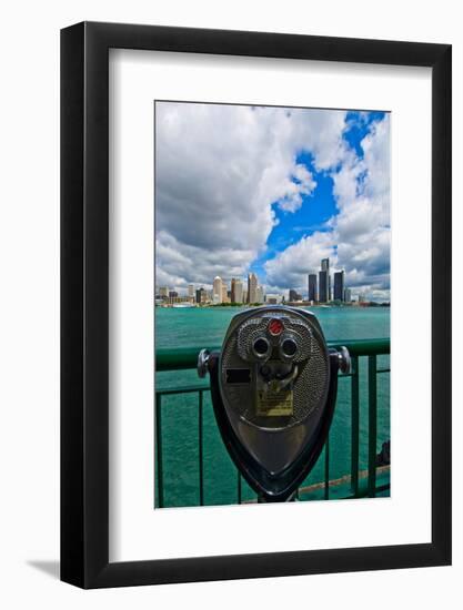Coin-operated binoculars against cityscape at waterfront, Detroit, Wayne County, Michigan, USA-null-Framed Photographic Print