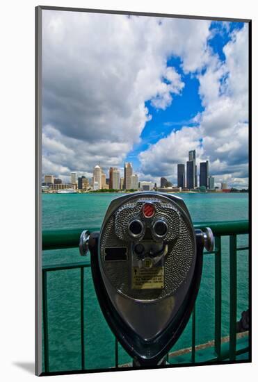 Coin-operated binoculars against cityscape at waterfront, Detroit, Wayne County, Michigan, USA-null-Mounted Photographic Print